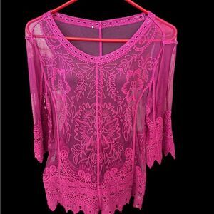 Elegant Pink Lace / embroidered sheer Women's Top 3/4 sleeves size medium